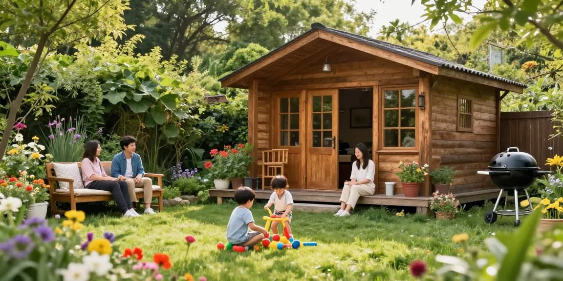 Gartenhäuser aus Holz im Garten mit Familie und Kinderaktivitäten