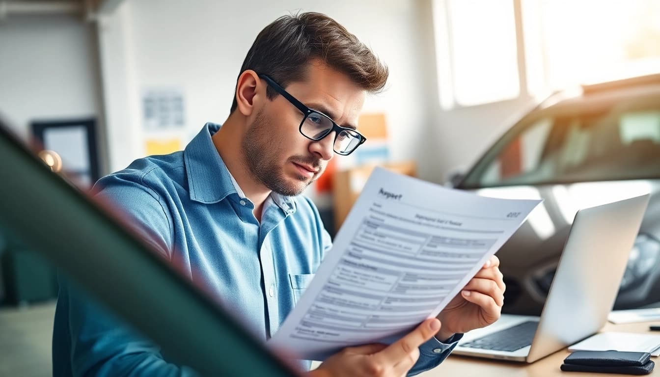 Kfz Gutachten Düsseldorf: Professioneller Gutachter prüft Fahrzeugdetails in modernem Büro.