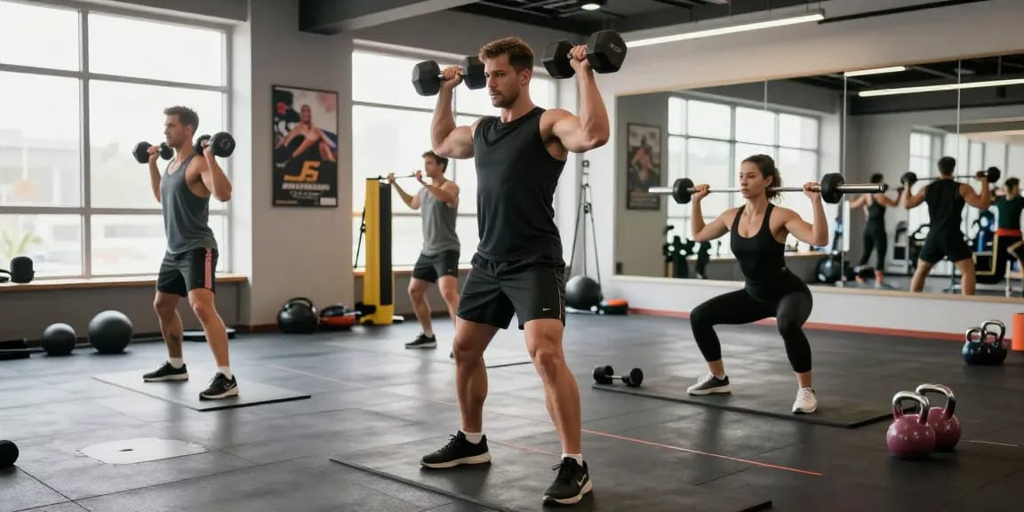 Anabolika-Shop: Bodybuilder im Fitnessstudio beim Training mit Gewichten und modernem Fitnesszubehör.