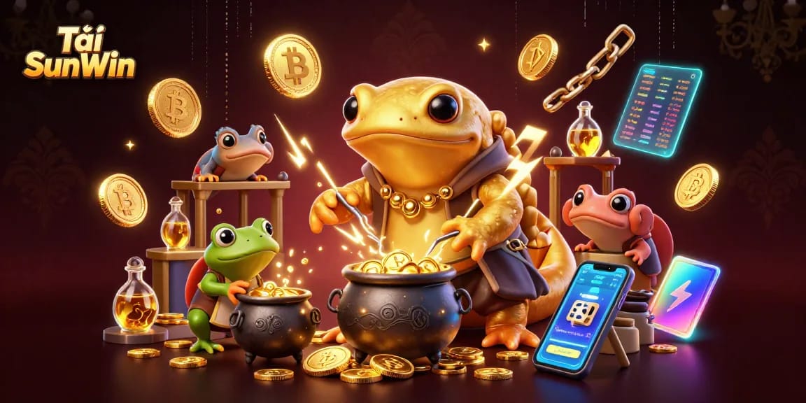 Tải SunWin captures thrilling casino adventures with animated alchemist and gold transformation in 3D style.