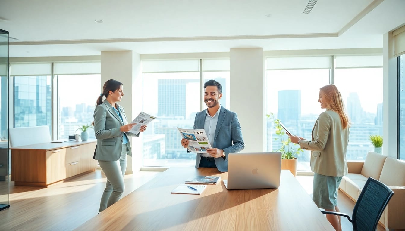 Immobilienmakler Frankfurt Eckenheim präsentiert moderne Büroatmosphäre mit engagierten Klienten.