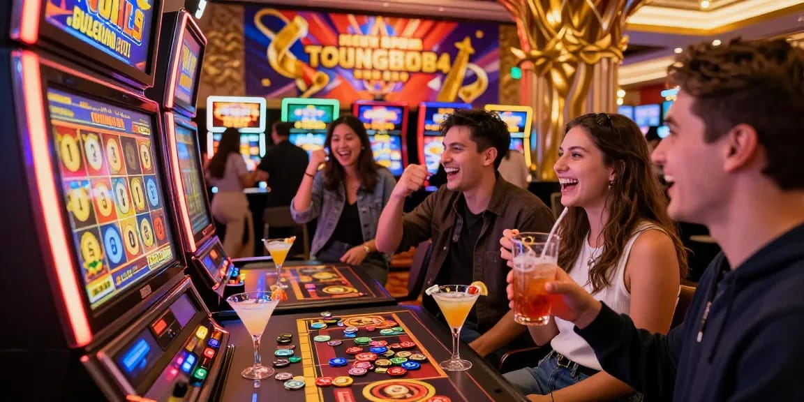 Exciting celebration at a สล็อตเว็บตรง slot machine jackpot with friends at a vibrant casino.
