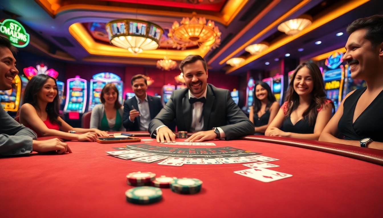 Spiele im casinospiele.de Casino mit Dealer und Spielern, in lebendiger Atmosphäre.