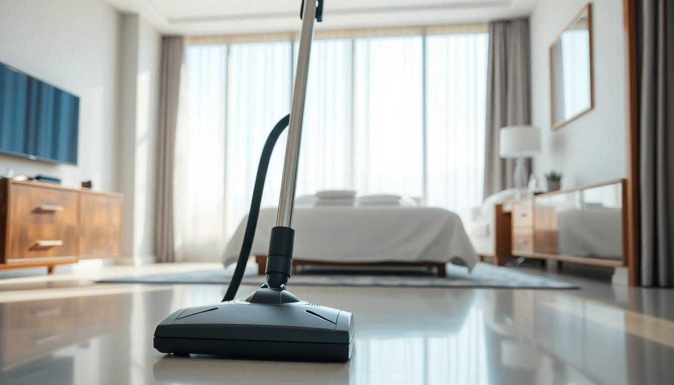 Effektive hotelreinigung in einem eleganten Hotelzimmer mit strahlend sauberen Oberflächen.