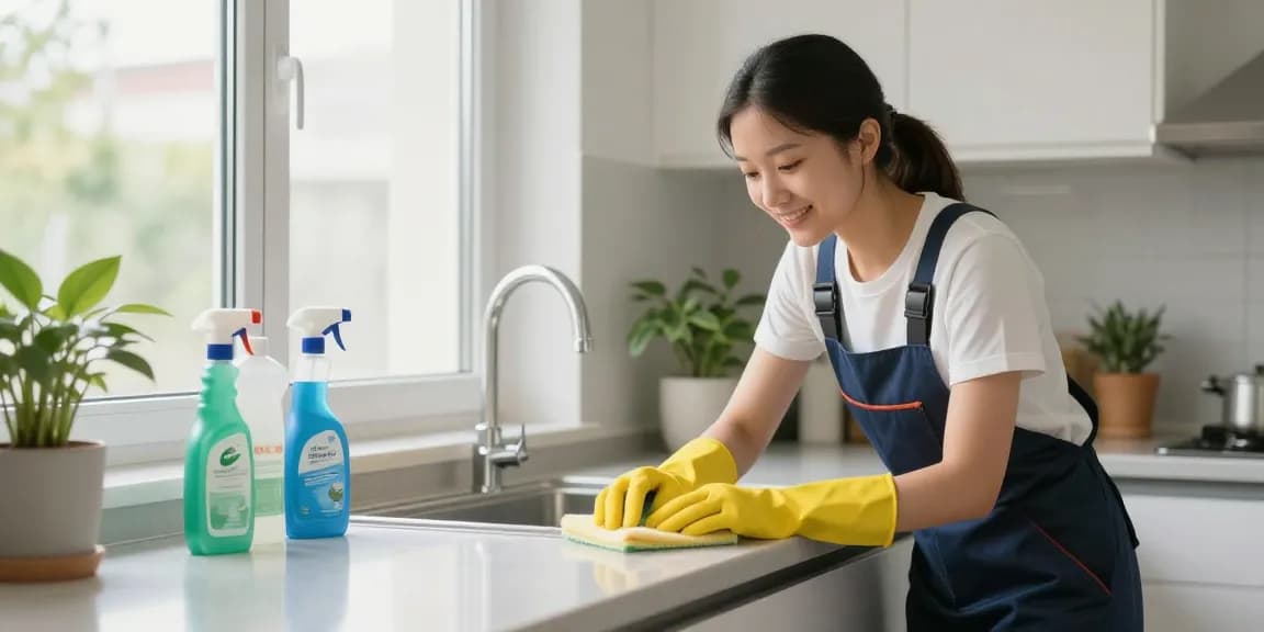 Expert cleaner demonstrating effective wohnungsendreinigung bern in a bright, tidy kitchen.