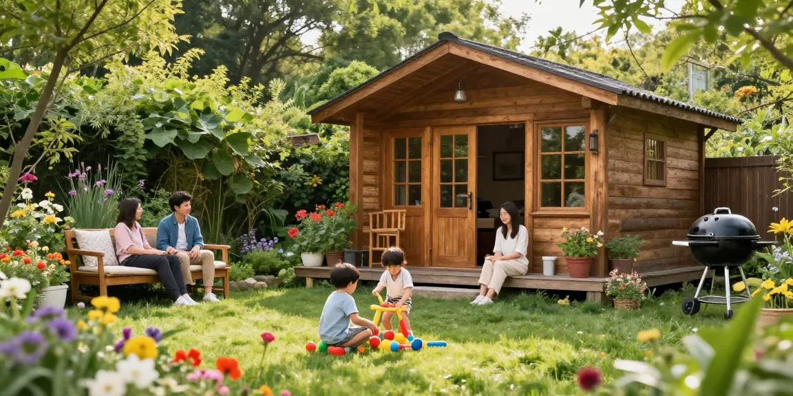 Gartenhäuser aus Holz im Garten mit Familie und Kinderaktivitäten
