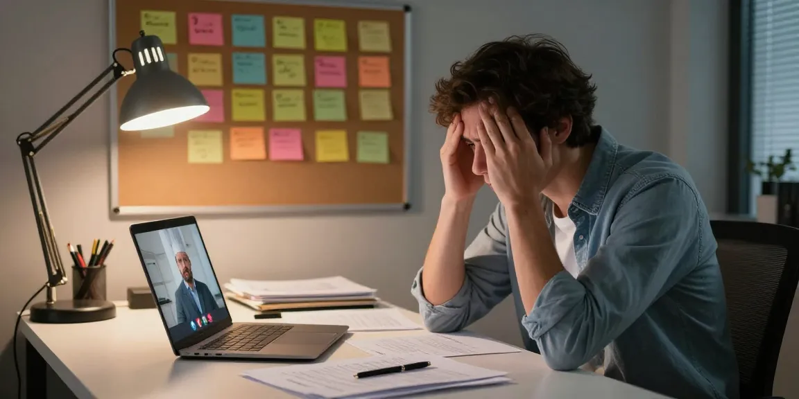 Stress mit Chef: Angespannte Person im Büro am Laptop mit unordentlichem Schreibtisch.