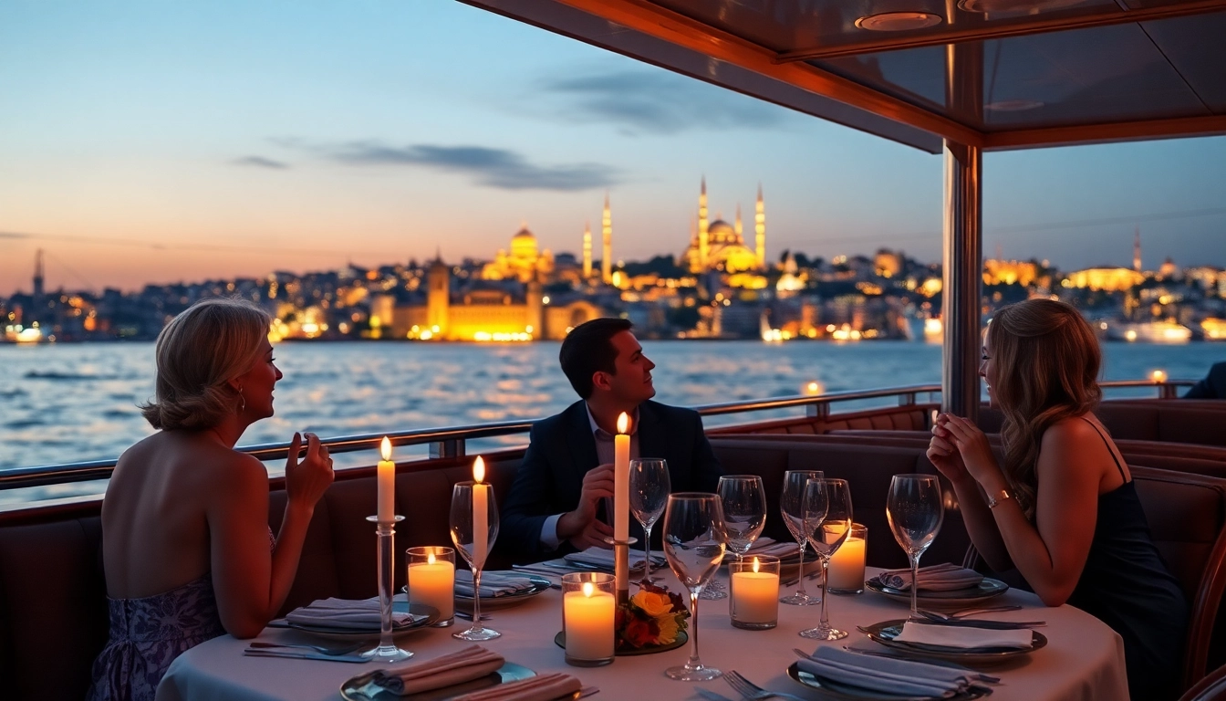 Bosphorus dinner cruise with beautifully set table and Istanbul skyline at twilight.