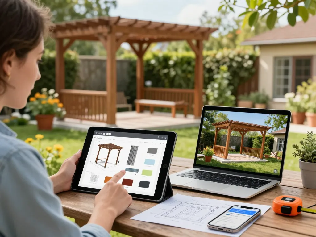 Pergola Konfigurator 3D-Demonstration in einem Garten mit einem Fachmann, der Funktionen auf einem Tablet anpasst.