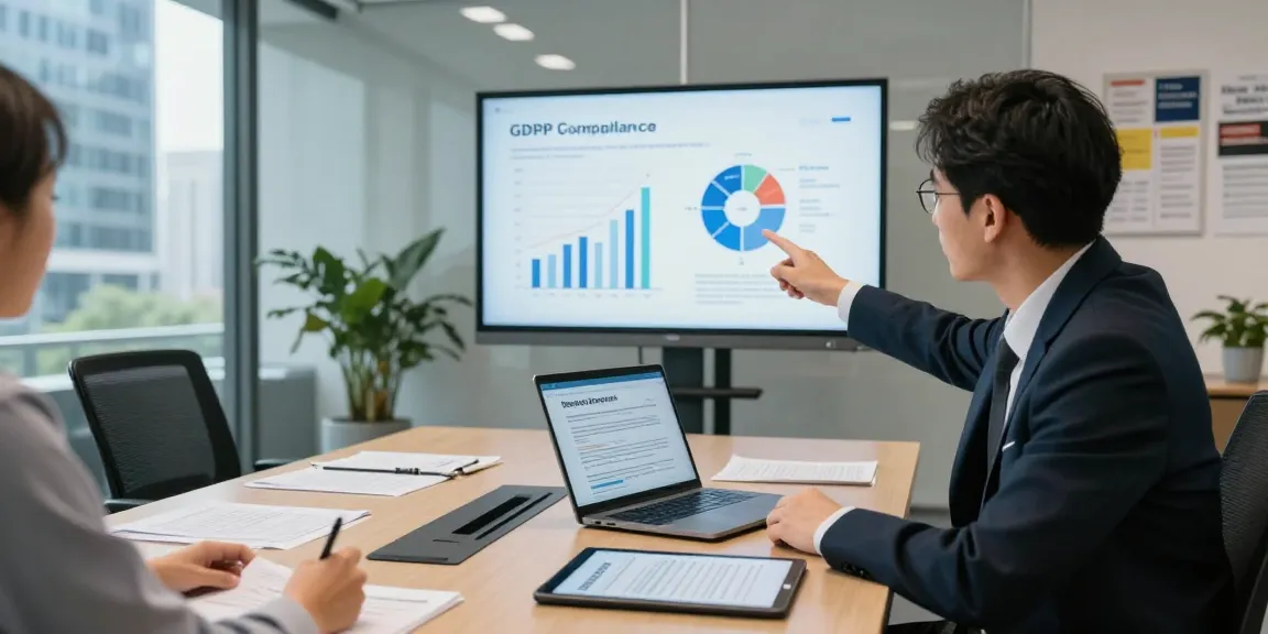 Startseite of professional consultancy illustrating GDPR compliance strategies in a modern office.