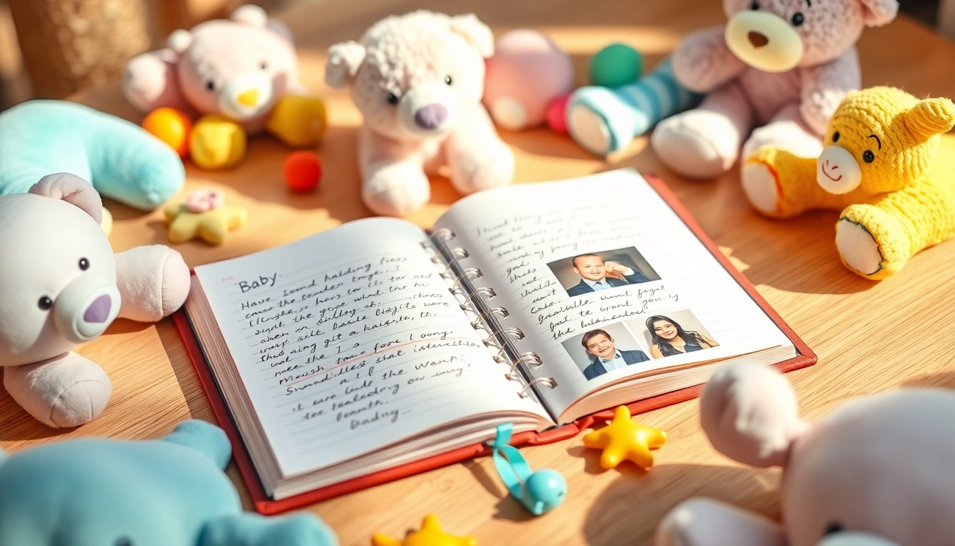 Baby-Tagebuch auf einem Holztisch, umgeben von bunten Spielsachen.