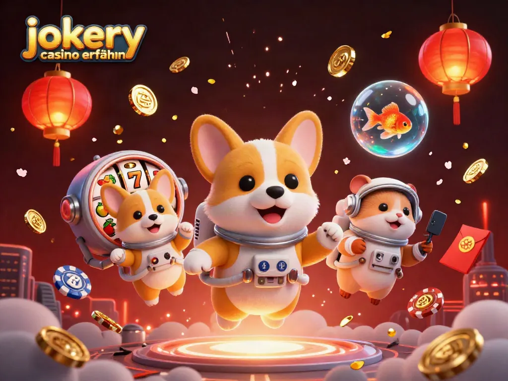 Experience the thrills of jokery casino erfahrungen with a floating corgi, poker chips, and vibrant casino elements