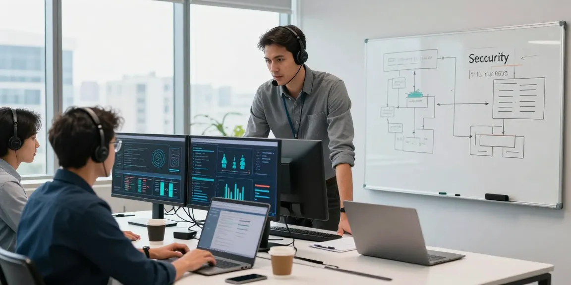 IT Support Frankfurt - IT-Support-Berater arbeitet mit Team an Sicherheitsstrategien in modernem Büro.
