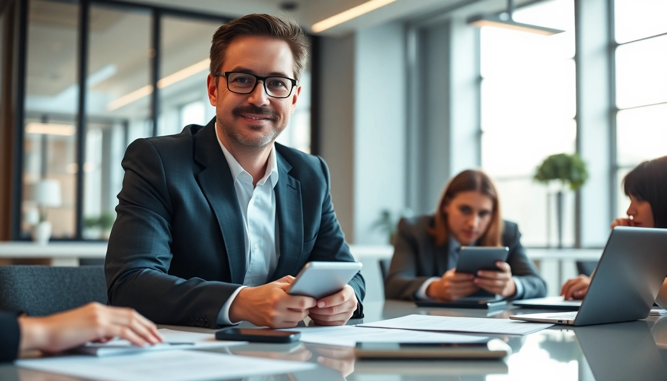 Headhunter IT in an office setting, confidently discussing candidate placements.