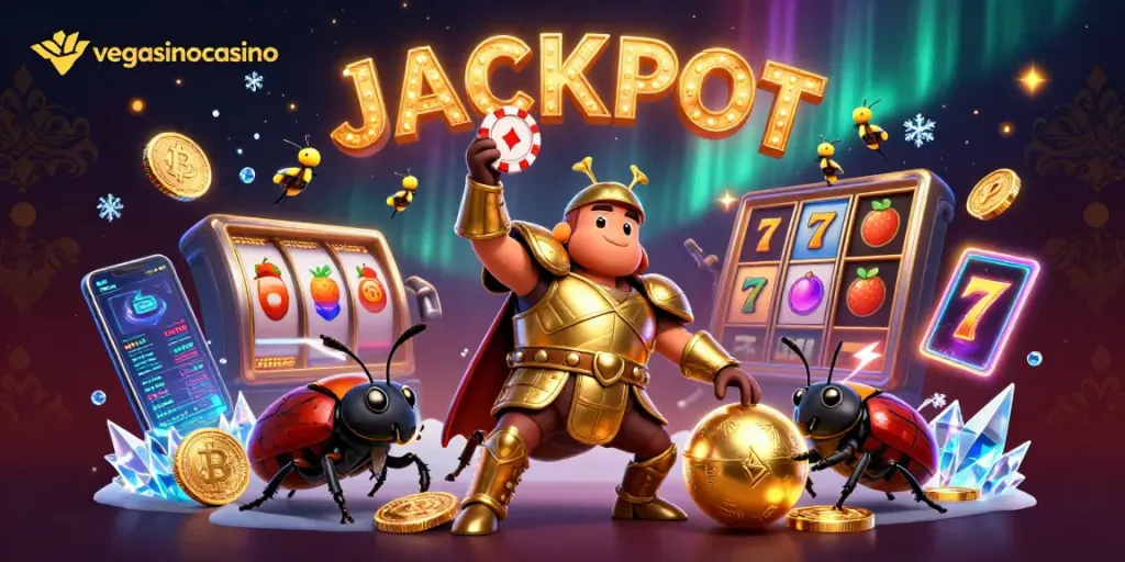 Celebrate a winning moment at vegasinocasino with a heroic beetle lifting a poker chip amidst jackpots and crypto elements.