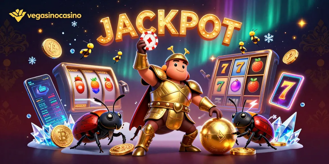 Celebrate a winning moment at vegasinocasino with a heroic beetle lifting a poker chip amidst jackpots and crypto elements.