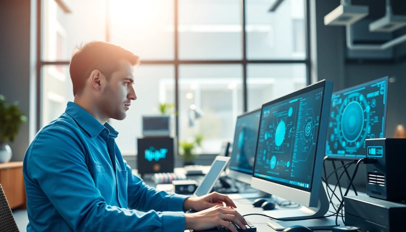 Technician working on Windows Enterprise IoT 2024 Produktschlüssel in a high-tech office.