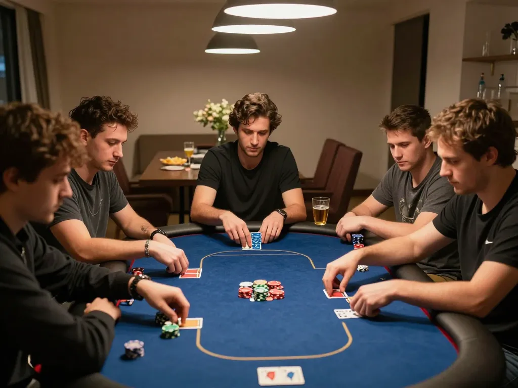 Engagierte Spieler analysieren Hände in einem Heim-Poker-Spiel, das für Immobilienmakler Frankfurt Dornbusch essentiell ist.