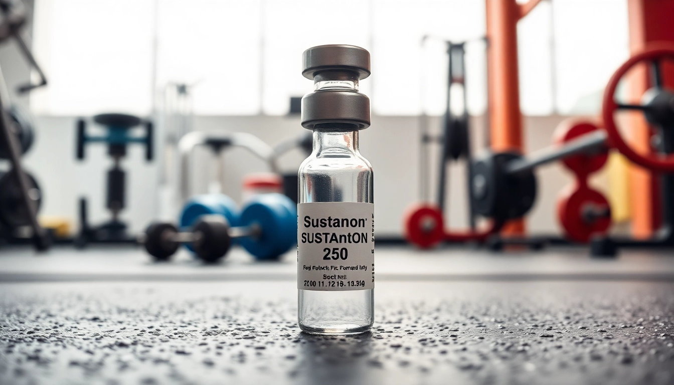 Vial of Sustanon 250 kaufen präsentiert in einem modernen Fitnessstudio.