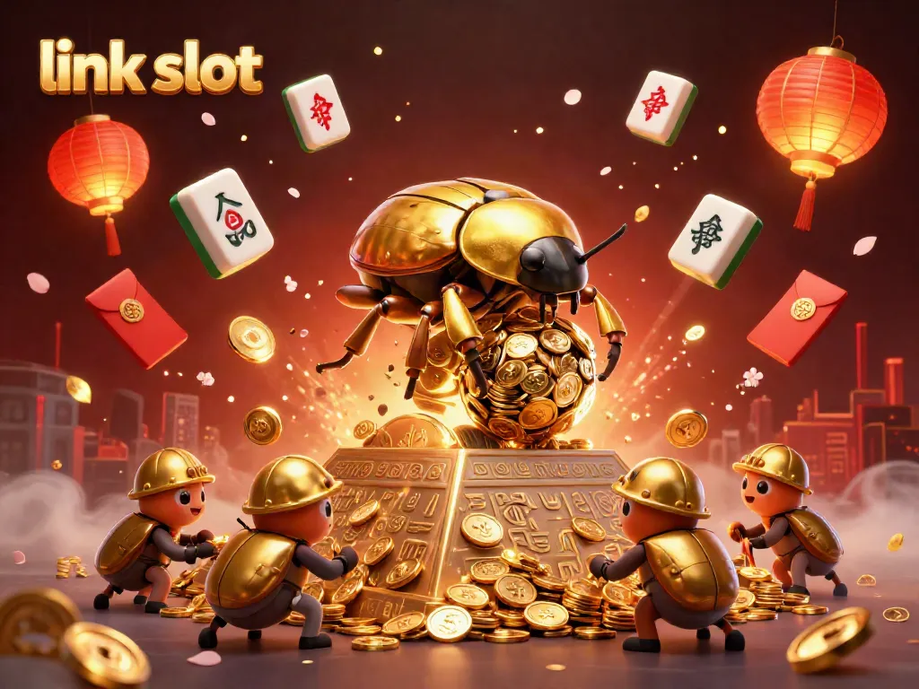 Engage with the thrilling action of link slot through a vibrant 3D illustration showcasing golden symbols and lively components.