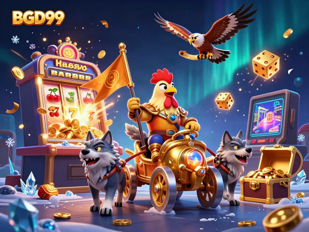 Experience thrilling casino action with BGD99's vibrant slot machine and cartoon rooster warlord in a dynamic 3D scene.