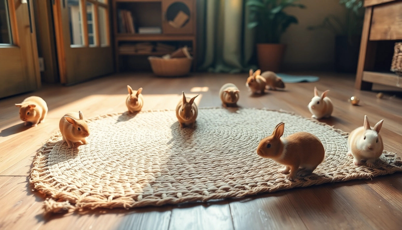 Nagermatte aus Hanf mit Kaninchen und Meerschweinchen in einem einladenden Raum.