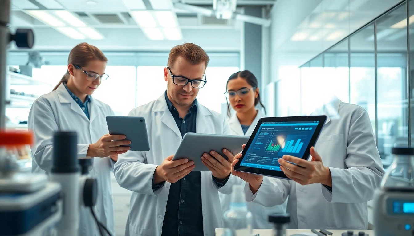 Erforschen Sie digitale Loesungen in einem modernen Laborumfeld mit Wissenschaftlern.
