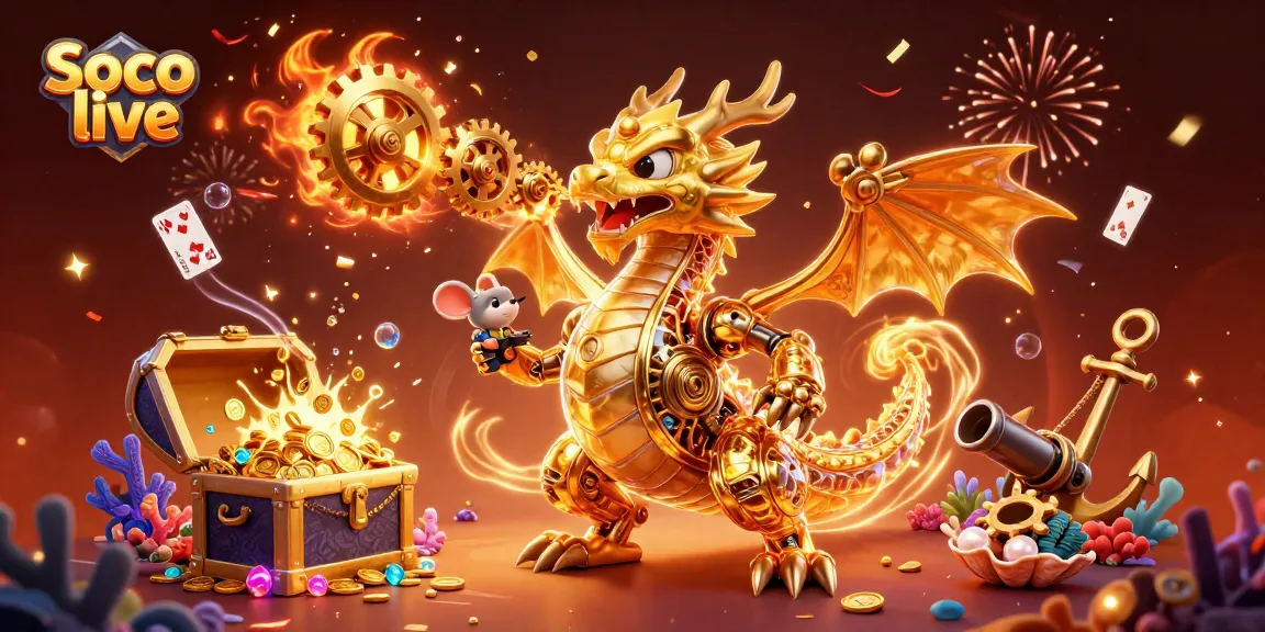 Soco live showcases a dynamic scene with a golden dragon and engineer among coins and playing cards.