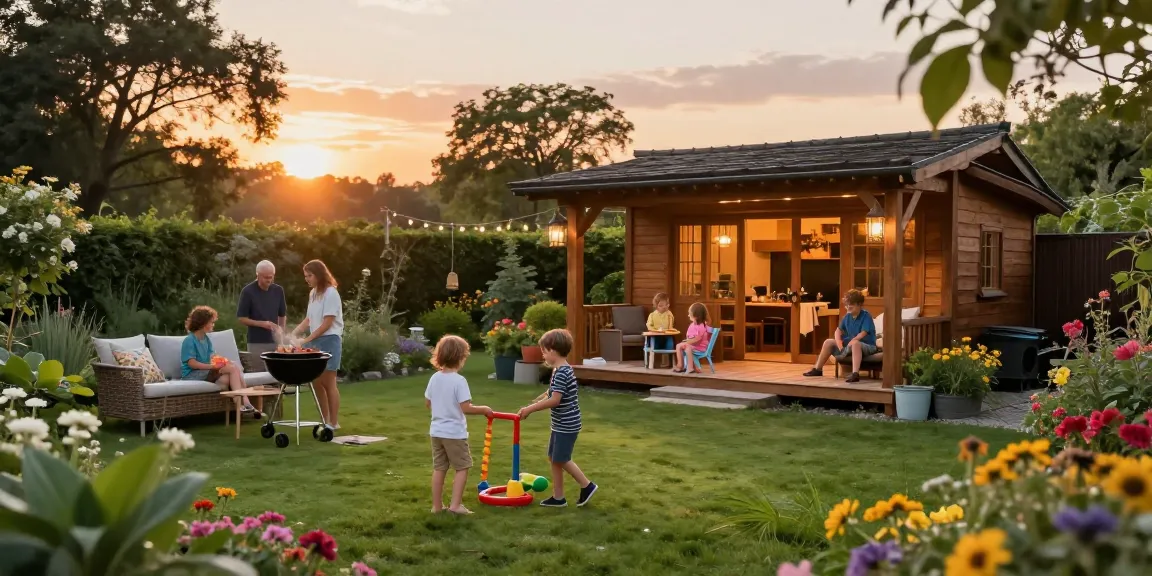Familie versammelt sich um das Garten Haus im Garten, während der Sonnenuntergang eine einladende Atmosphäre schafft.