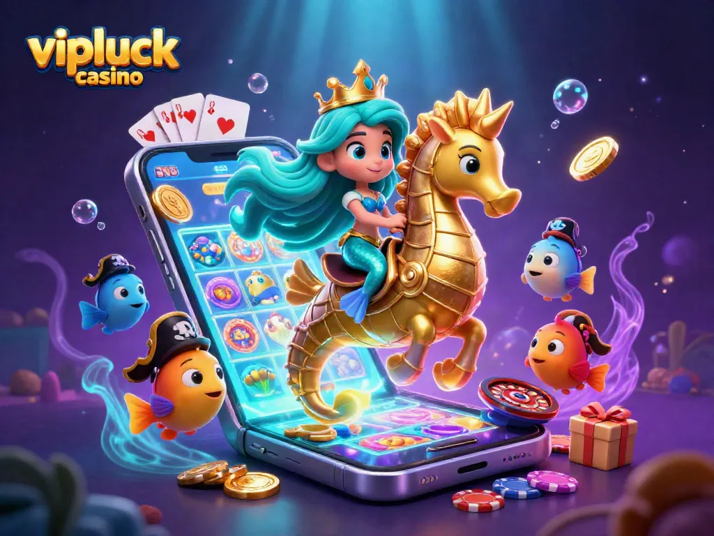 Experience the thrilling ambiance of vipluck casino with a vibrant underwater mermaid scene full of animated gaming elements.
