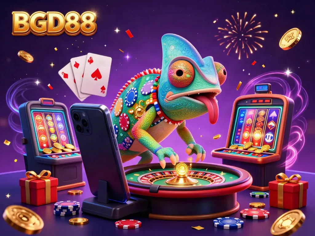 Experience the excitement of BGD88 with a dynamic chameleon casino owner amid vibrant slots and casino elements.