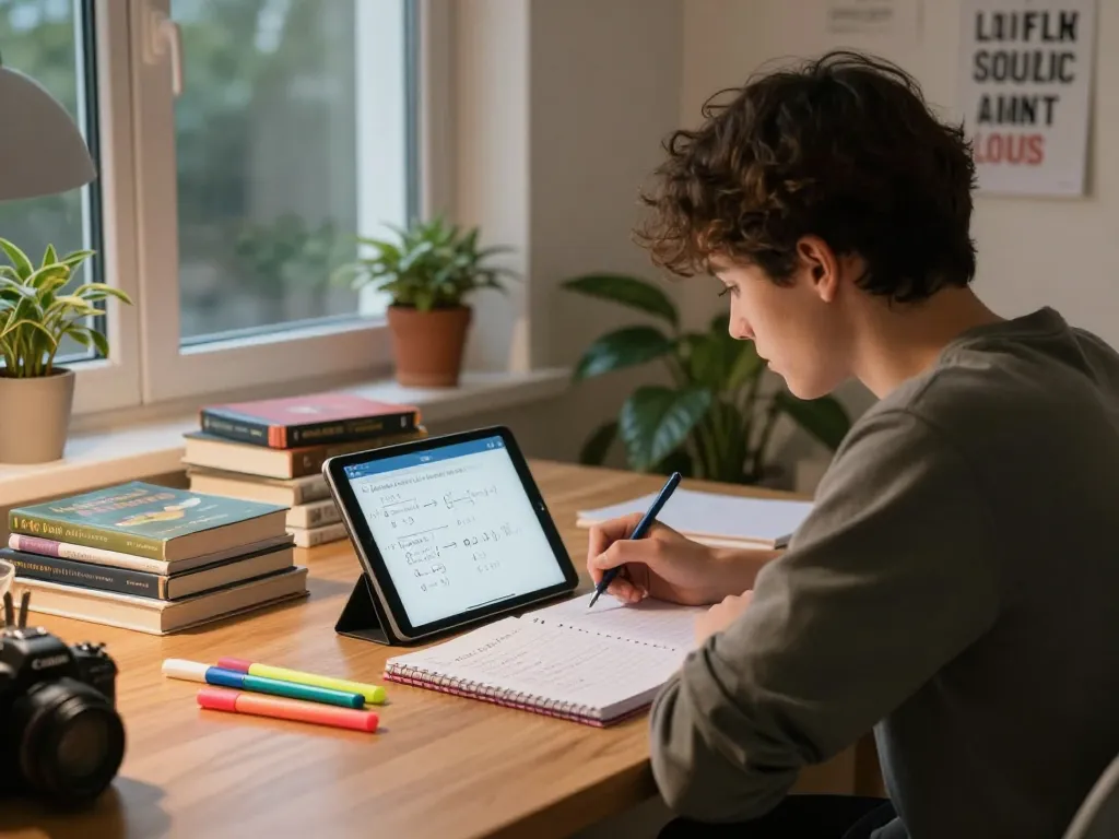 Konzentrierter Student nutzt Hausaufgaben Löser online in einem hellen Lernraum.
