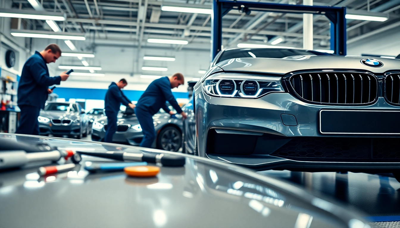 Technicians perform BMW Nachrüstung in a modern workshop, showcasing tools and precision work.