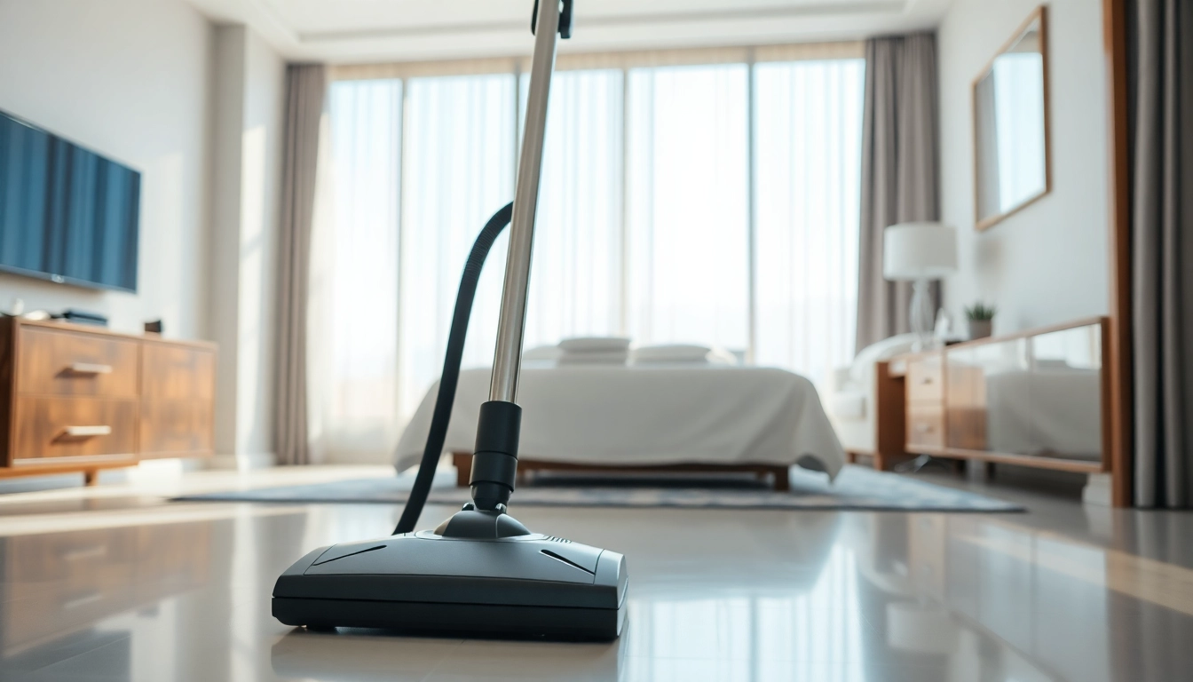 Effektive hotelreinigung in einem eleganten Hotelzimmer mit strahlend sauberen Oberflächen.