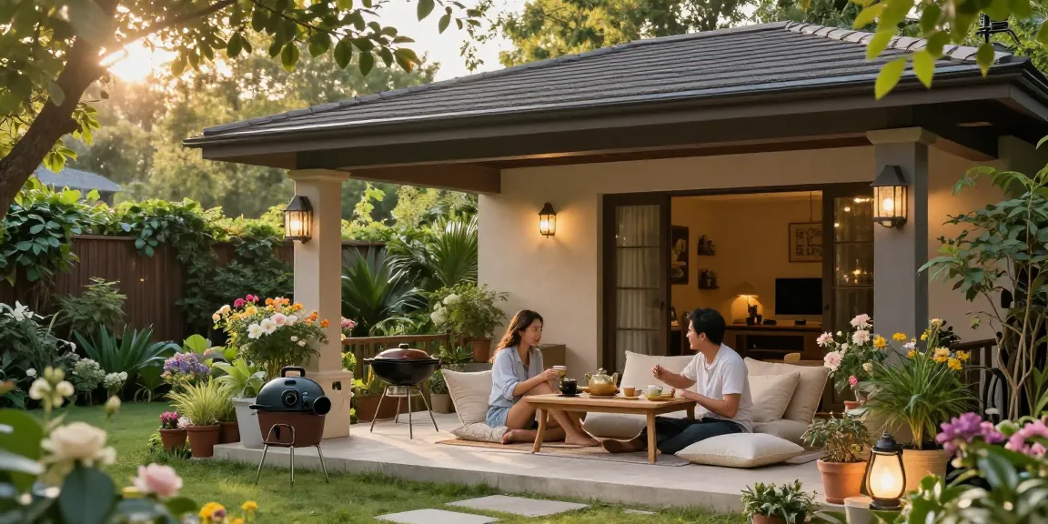 Gemütliche Terrasse mit freistehender Terrassenüberdachung, umgeben von blühenden Pflanzen.