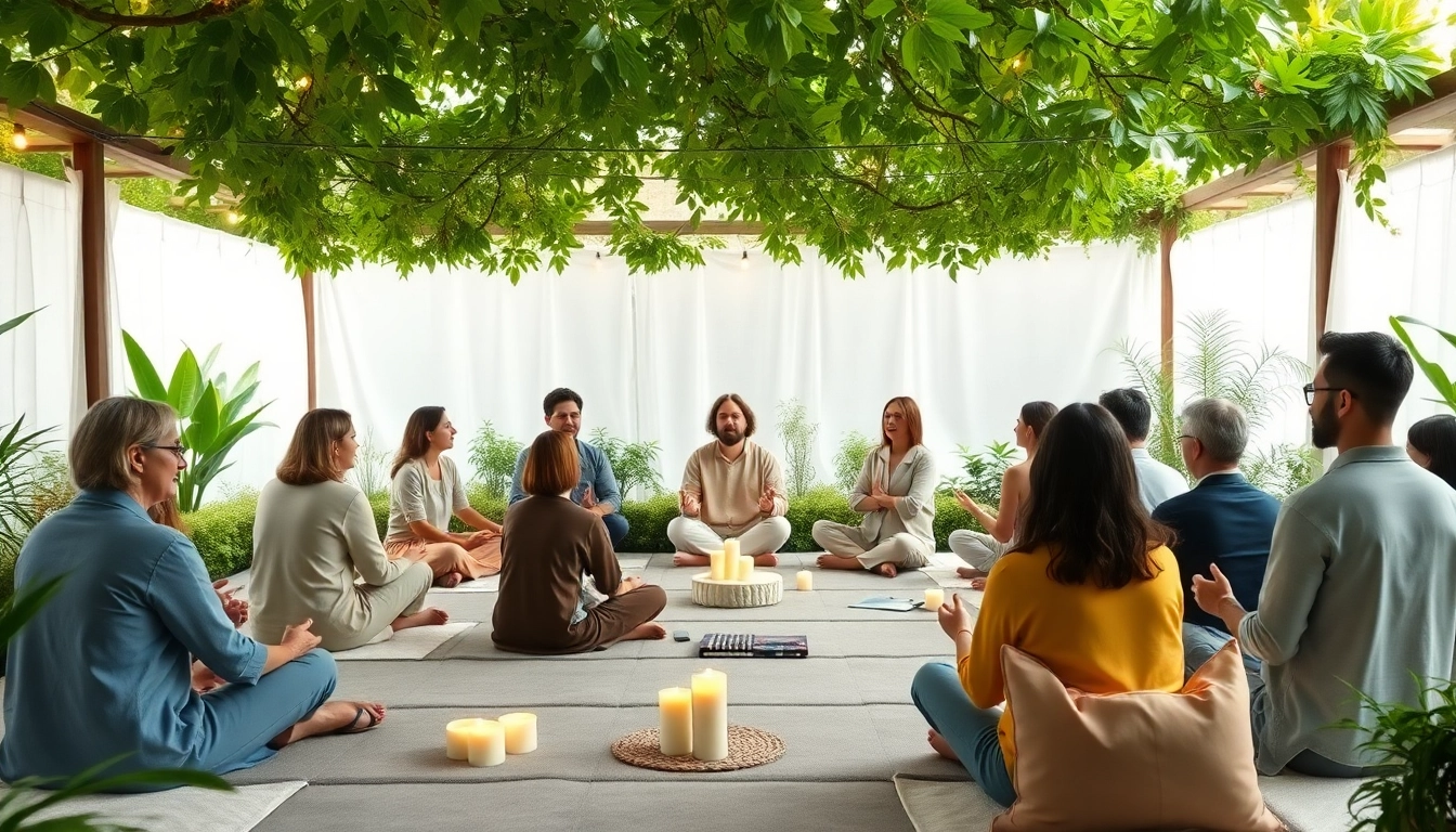 Spirituelle Seminare, participants engaging in meditation outdoors in a serene garden.