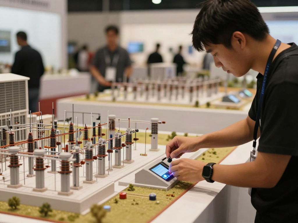 Interaktive Modelle des Umspannwerks bei der Messe, beleuchtet und funktional.
