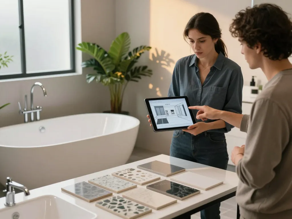 Anpassbare individuelle Badsanierung mit Designer, der einen personalisierten Plan in einem modernen Badezimmer-Setting mit eleganten Armaturen präsentiert.