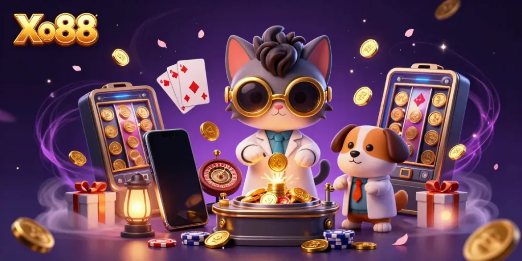 Xo88 brings excitement with a mad scientist cat and dog in a vibrant casino lab scene.
