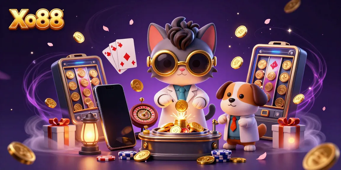 Xo88 brings excitement with a mad scientist cat and dog in a vibrant casino lab scene.