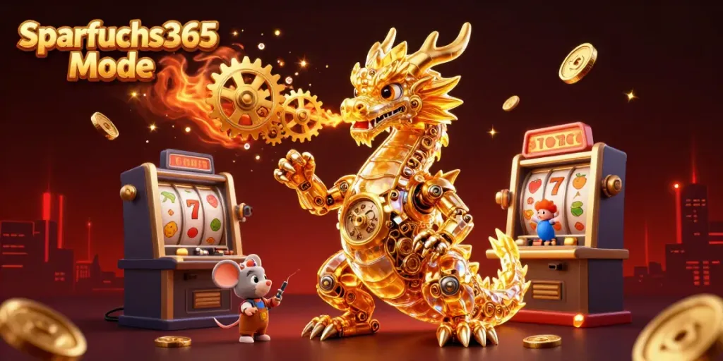 Sparfuchs365 Mode: Erleben Sie packende Casino-Action mit einem goldenen Drachen und spannenden Slot-Maschinen.