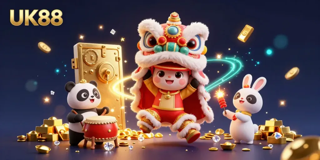 Experience the festive charm of UK88 with a lion dance, wealth symbols, and vibrant energy in this captivating illustration.
