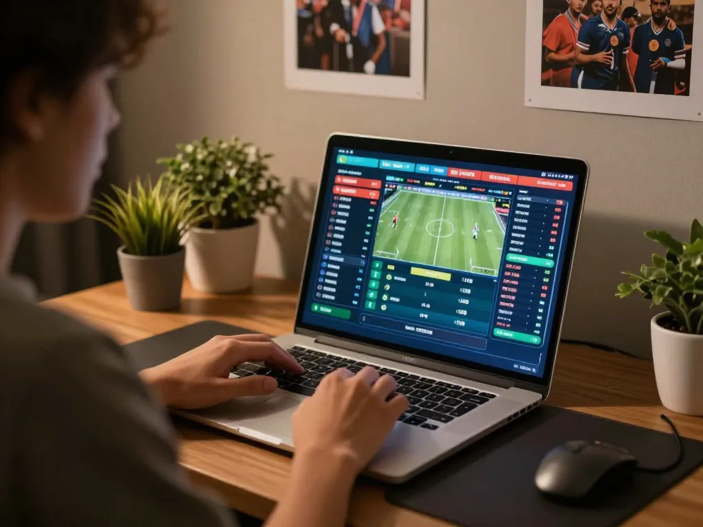 Engaged player using fc88on for live sports betting on their laptop in a cozy home office.
