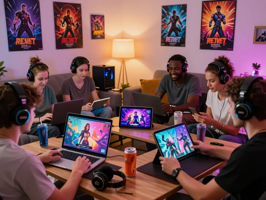 Players enjoying sexgames on various devices in a cozy living room setting, showcasing game art and accessories.