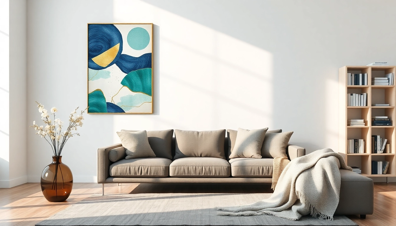 Moderne wandbilder in einem stilvollen Wohnraum mit einladender Atmosphäre.