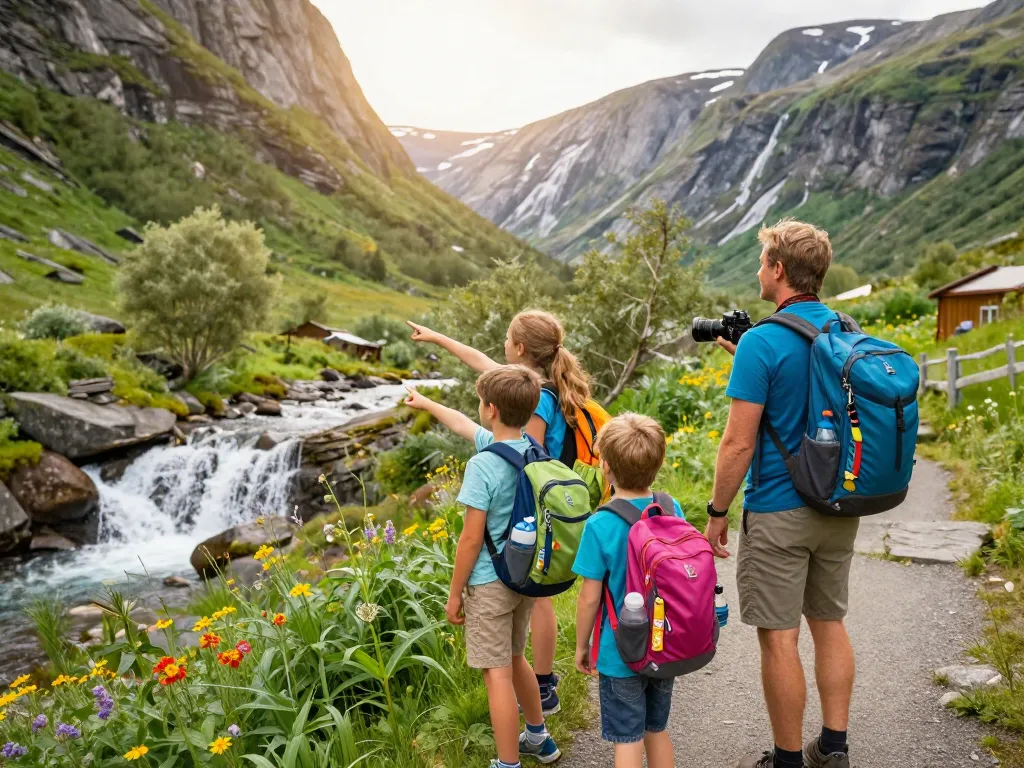 Familie genießt Urlaub in Skandinavien, wandert in Norwegens atemberaubenden Landschaften, lebhafte Abenteueratmosphäre.