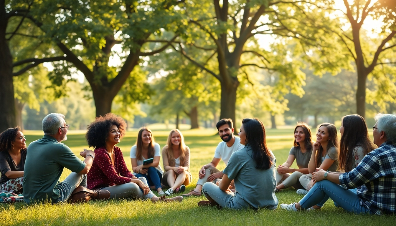 Promote mental health awareness by showcasing a gathering of supportive individuals in a natural setting.