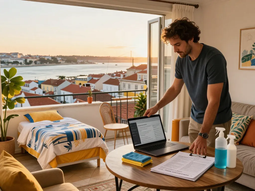 airbnb management lisbon host preparing rental space with city view