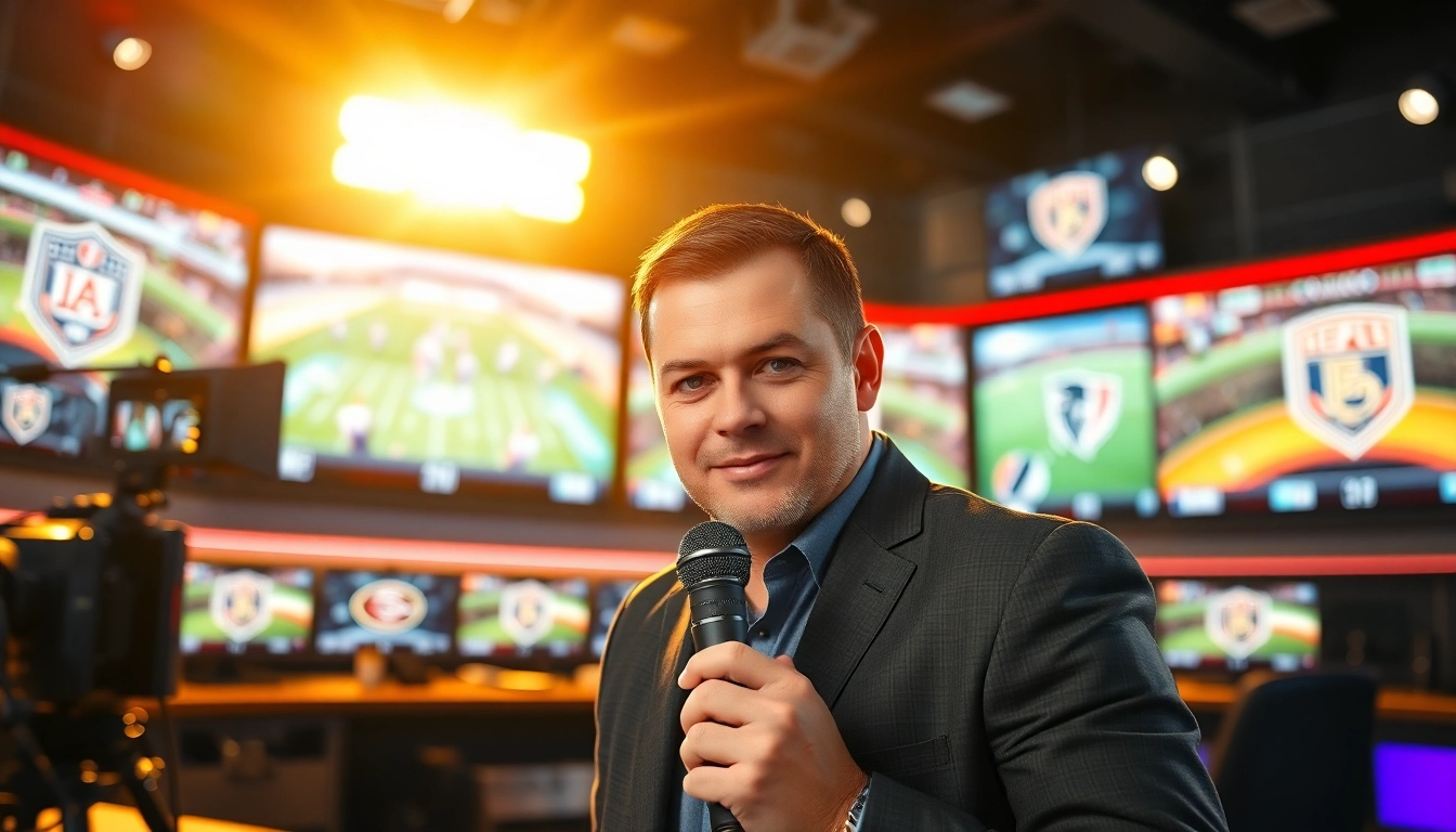 Broadcasting live sports events with excitement in a dynamic studio setting.