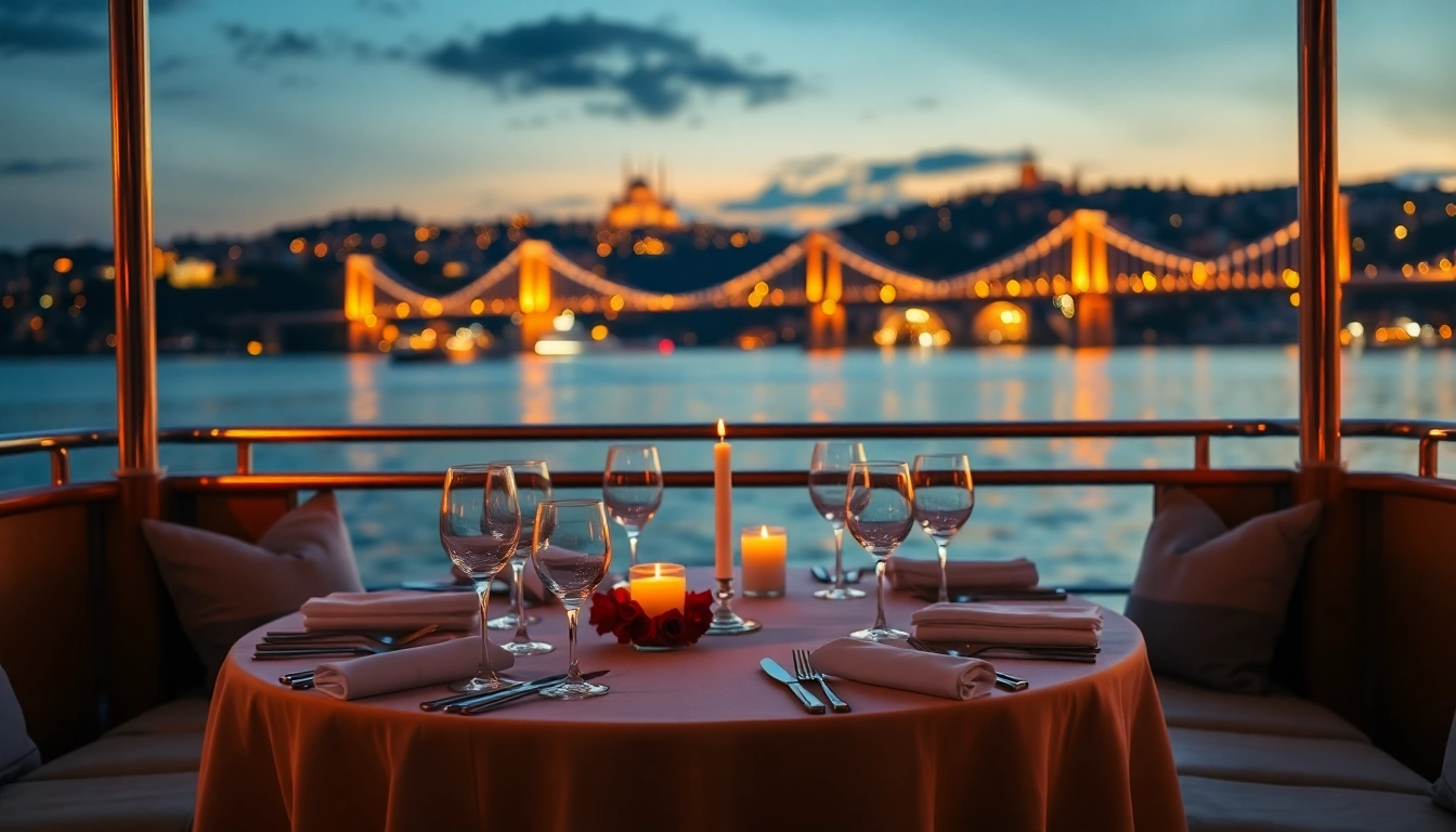 Bosphorus dinner cruise with a stunning table setting and skyline views in Istanbul.